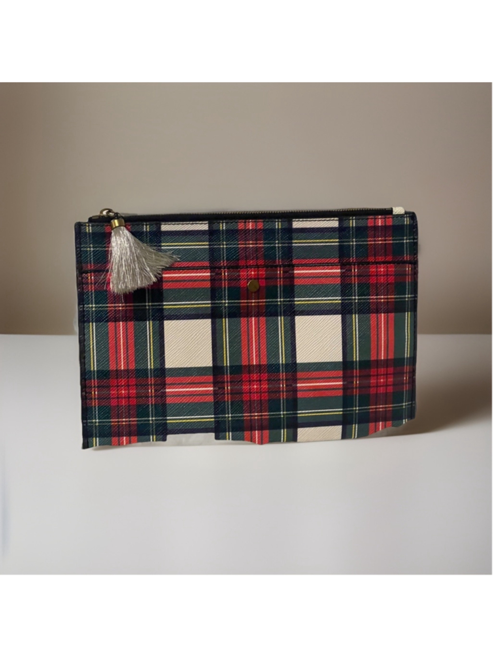J Crew Plaid Leather Clutch Bag Tartan Holiday Wristlet Tassel Zip Pouch Purse